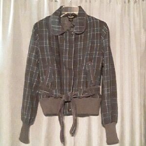 Vintage Guess Charcoal Teal White Plaid Jacket with Belt